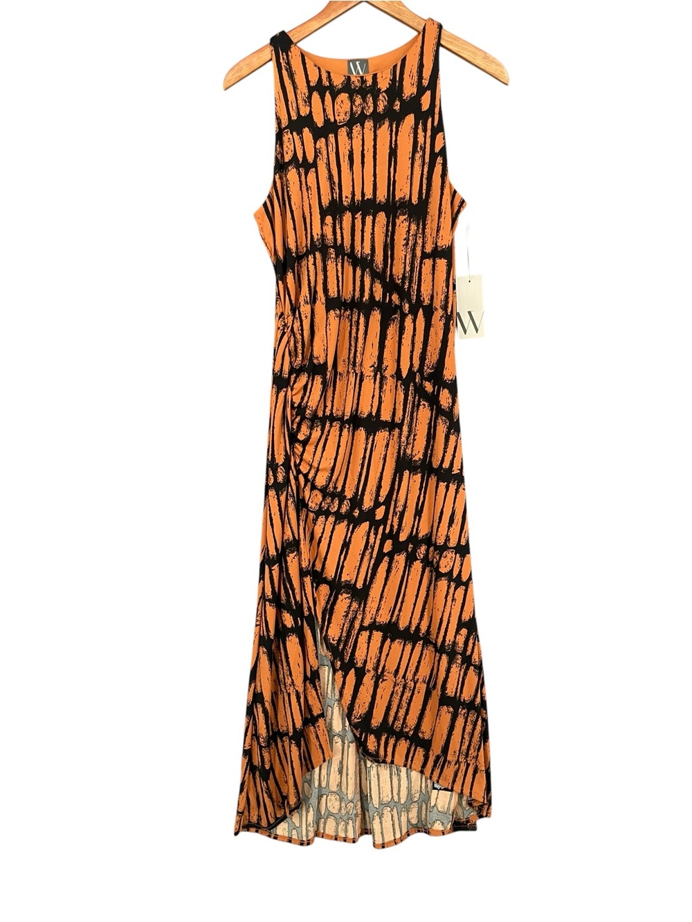 Worthington Sleeveless Maxi Dress Orange & Black Pattern Split Hem NWT